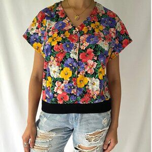 80s vintage colorful floral print retro short sleeved button up crop top shirt